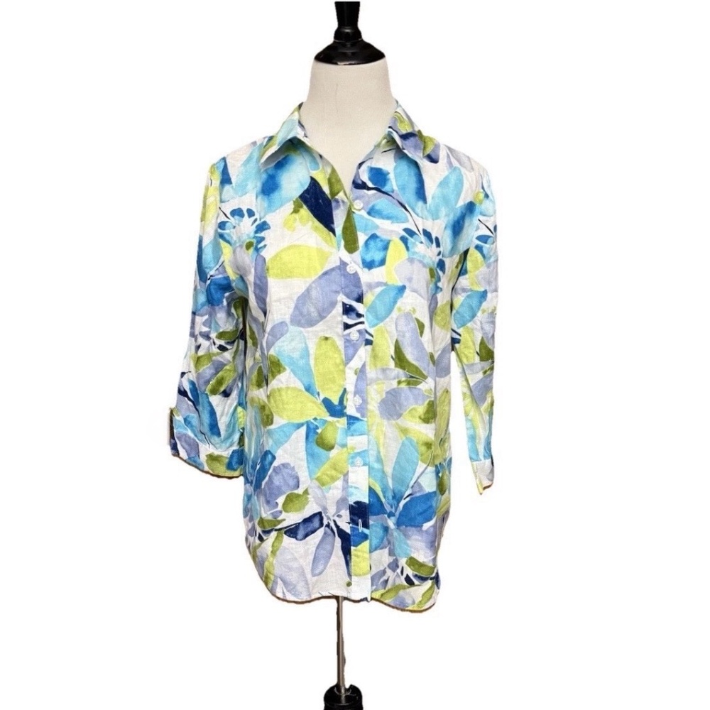 Chicos Women Size 0 US S/4 Blue Floral 100% Linen Button Up 3/4 Sleeve Blouse